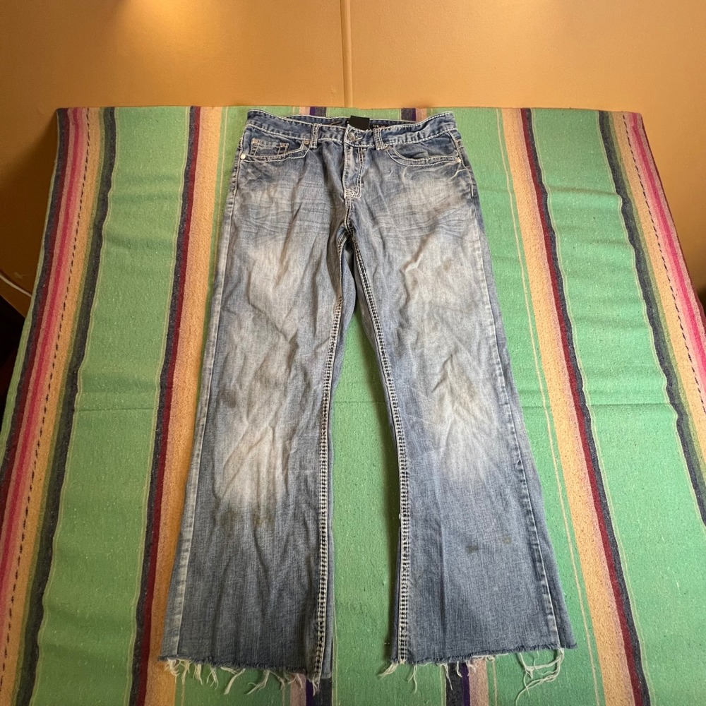 Helix Bootcut Jeans Mens 34x30 Blue Distressed Embroidered Cross Y2K Grunge